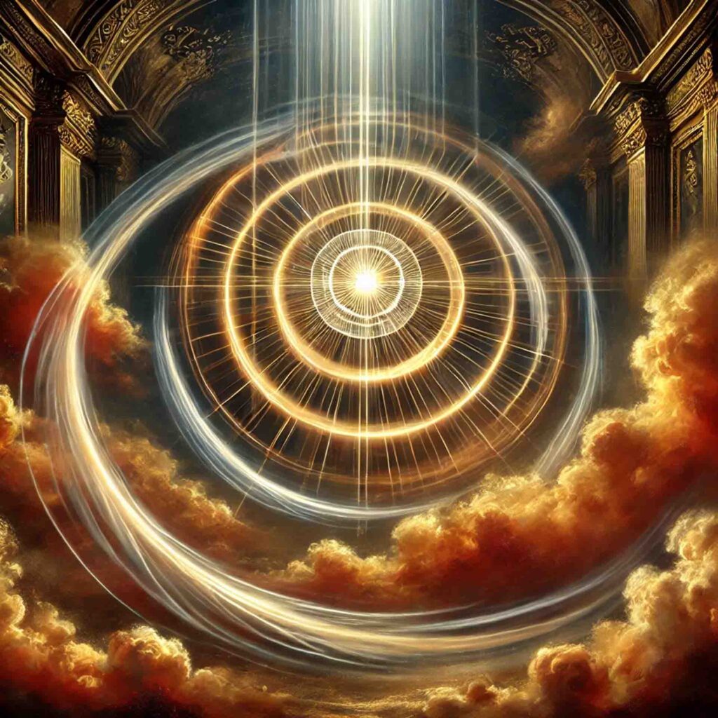 Un vortice a spirale verso il centro del riquadro per illustrare i salti quantici, con onde arancioni e blu, sopra a nuvole arancio e sovrastato da colonne e archi barocchi