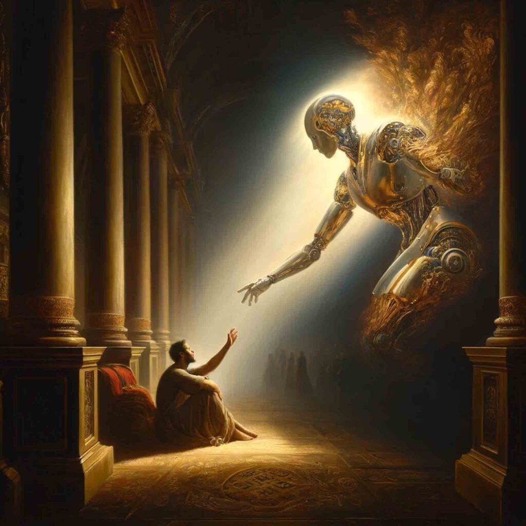 Un uomo seduto da solo per terra alza la mano verso un robot che scende dal cielo in suo aiuto