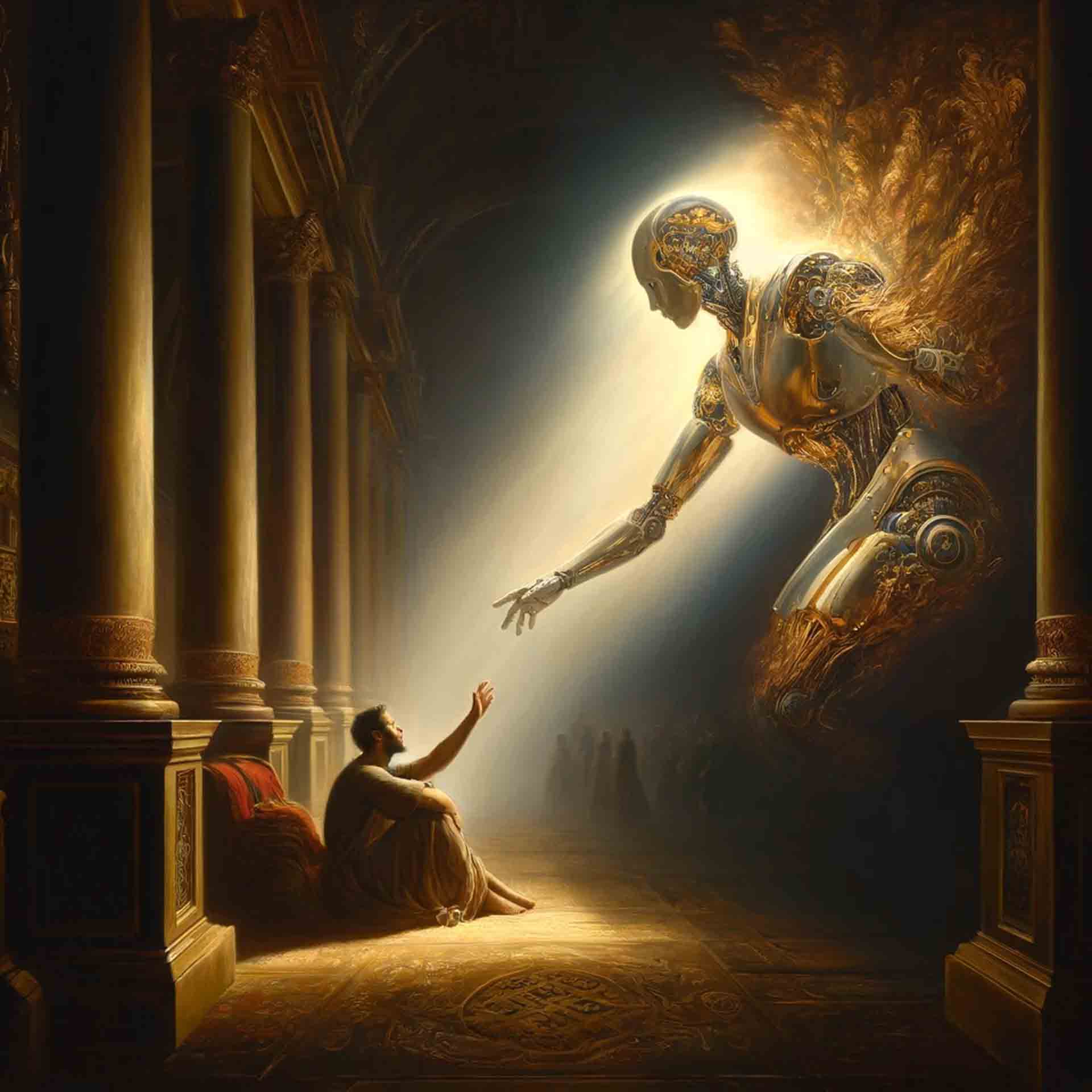 Un uomo seduto da solo per terra alza la mano verso un robot che scende dal cielo in suo aiuto