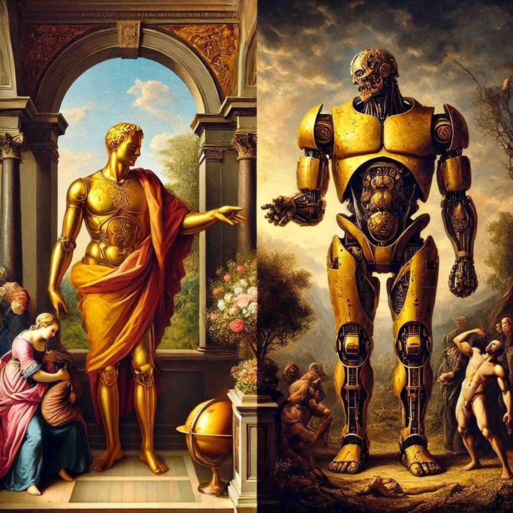 Nella metà di sinistra un superuomo classico tende il dito verso il centro, a coincidere con quello di un uomo tecnologico, un robot, che sta nella parte destra dell' immagine