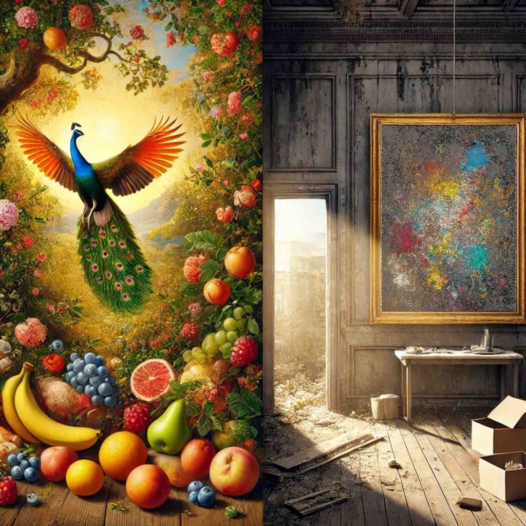 Sulla sinistra un pavone, sulla destra una tela con una macchia di colori