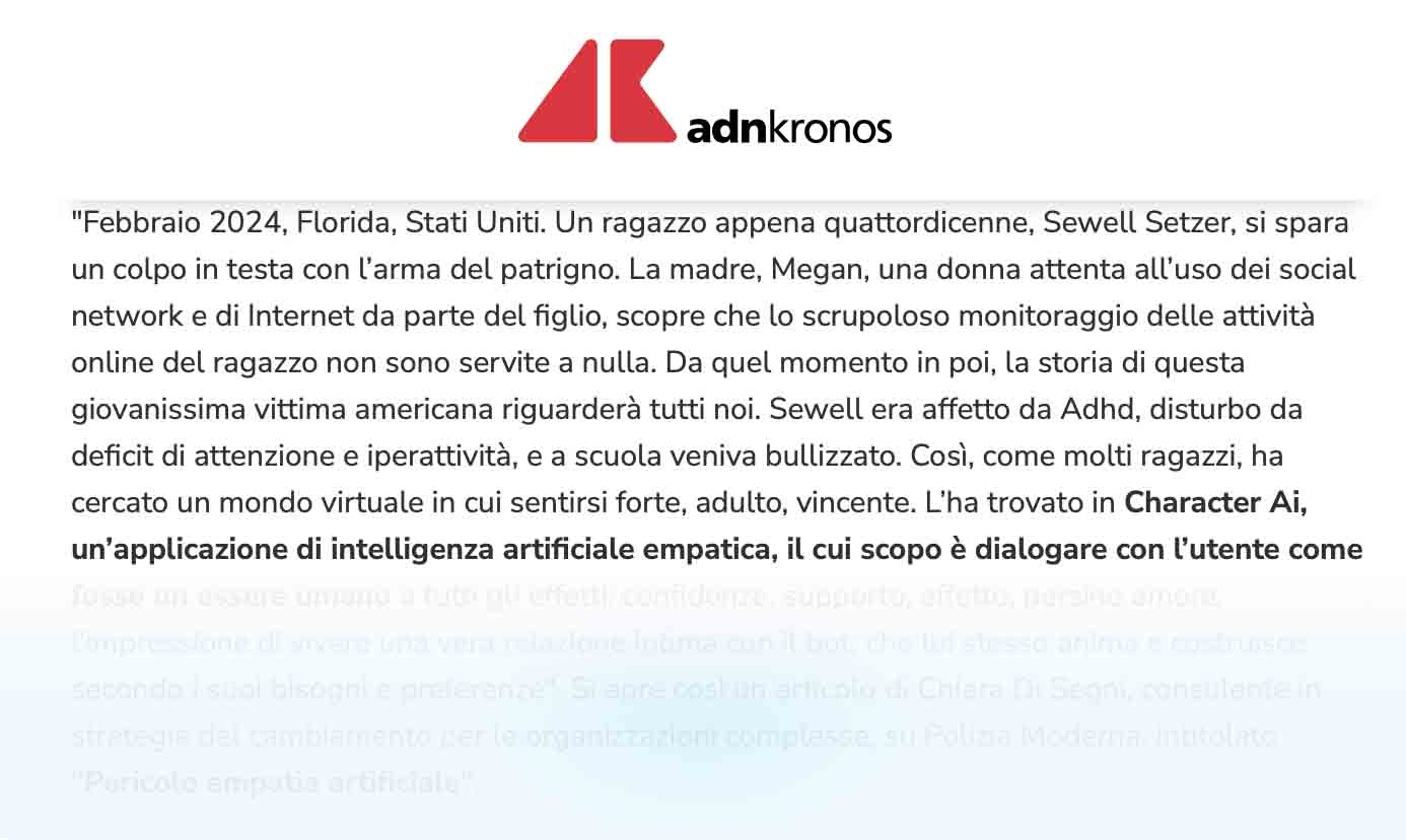 Articolo di ADNKronos sul rapporto del quattordicenne con l' intelligenza artificiale