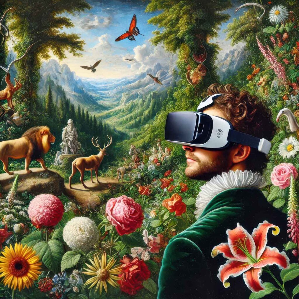 Un uomo indossa un visore mentre la natura intorno è rigogliosa e presente