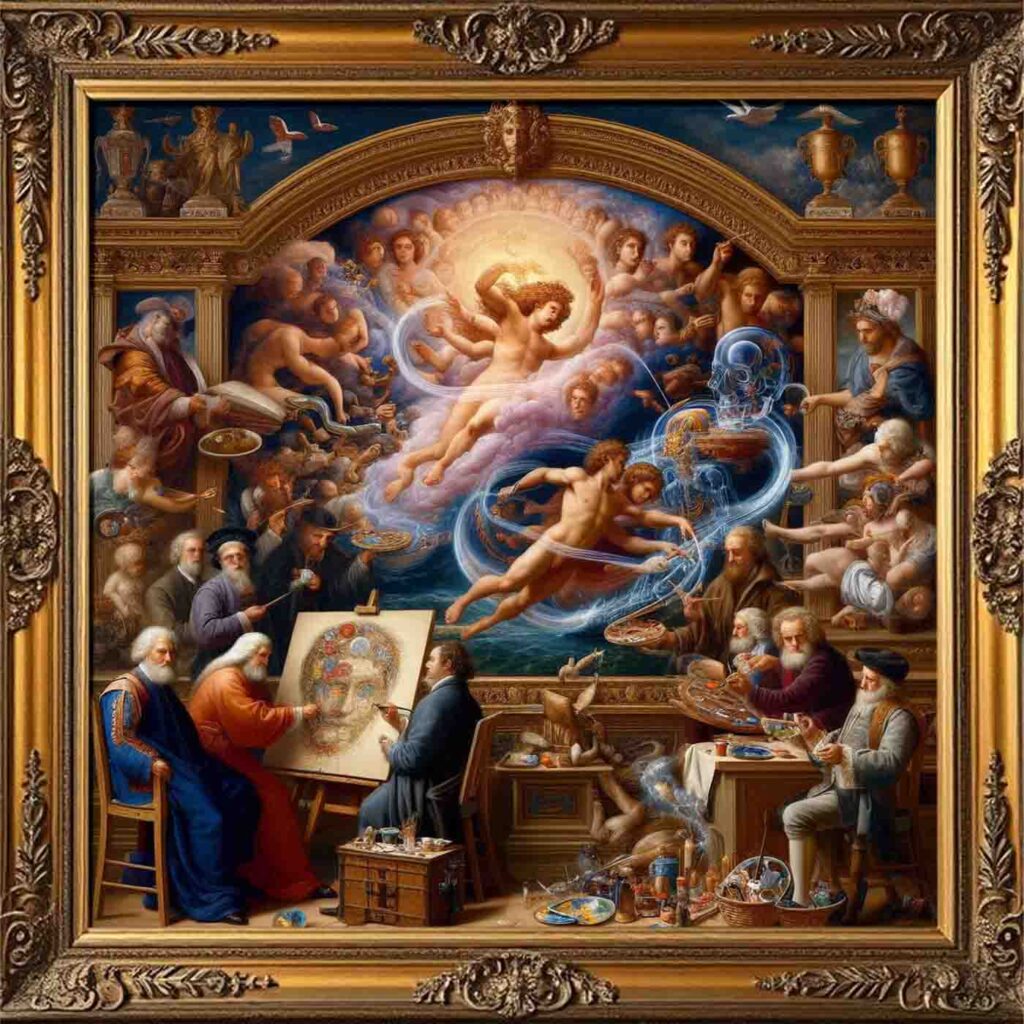 Un quadro barocco con persone, pittori e figure che si muovono in cielo, disegnato da un' AI