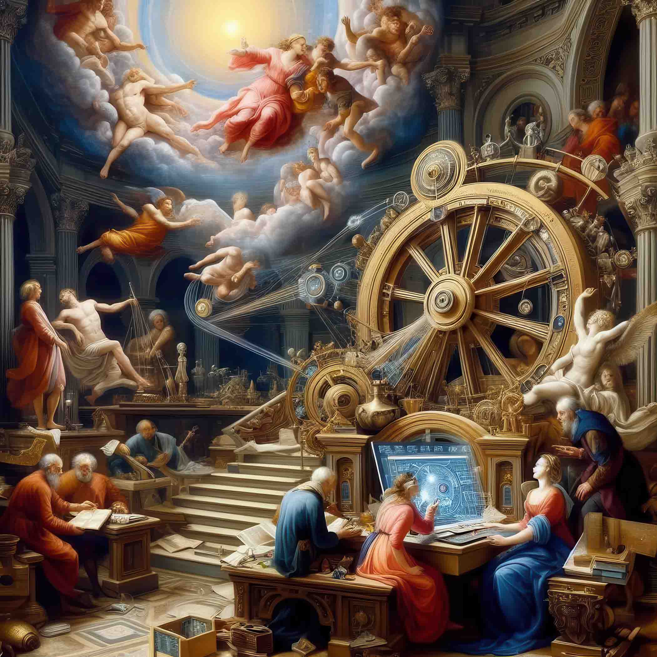 Immagine con molte persone, vestite all'antica, che sono davanti alla ruota, a uno schermo digitale, con scale tra di loro che portano verso un cielo dove altri uomini volano, atto a simboleggiare l'ascesa del pensiero